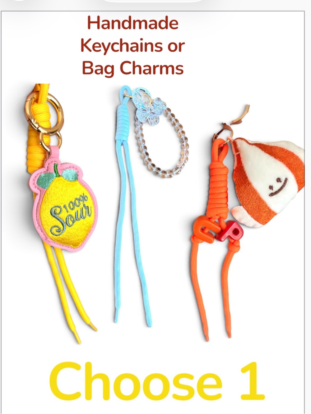 Handmade Paracord Keychains or bag Charms choose 1 LEMON GARLIC OR BUTTERFLY